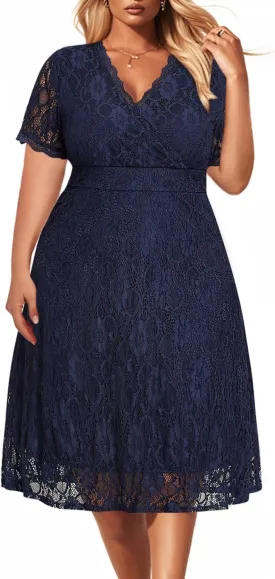 Women's Wedding Guest Plus Size Semi Formal Cocktail Lace Wrap V Neck Short Sleeve Knee Length Dress