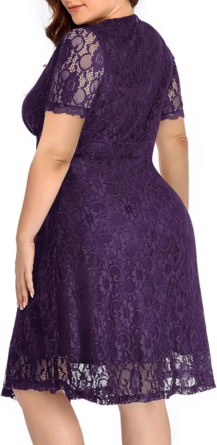 Women's Wedding Guest Plus Size Semi Formal Cocktail Lace Wrap V Neck Short Sleeve Knee Length Dress