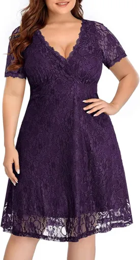 Women's Wedding Guest Plus Size Semi Formal Cocktail Lace Wrap V Neck Short Sleeve Knee Length Dress
