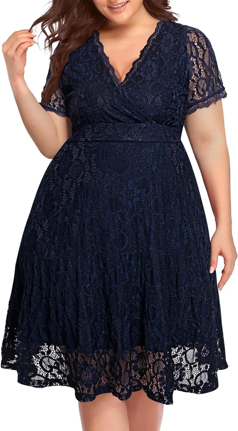 Women's Wedding Guest Plus Size Semi Formal Cocktail Lace Wrap V Neck Short Sleeve Knee Length Dress