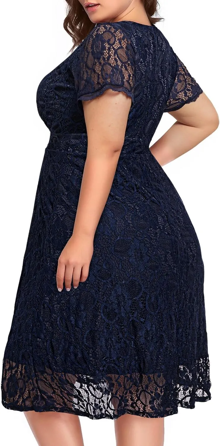 Women's Wedding Guest Plus Size Semi Formal Cocktail Lace Wrap V Neck Short Sleeve Knee Length Dress