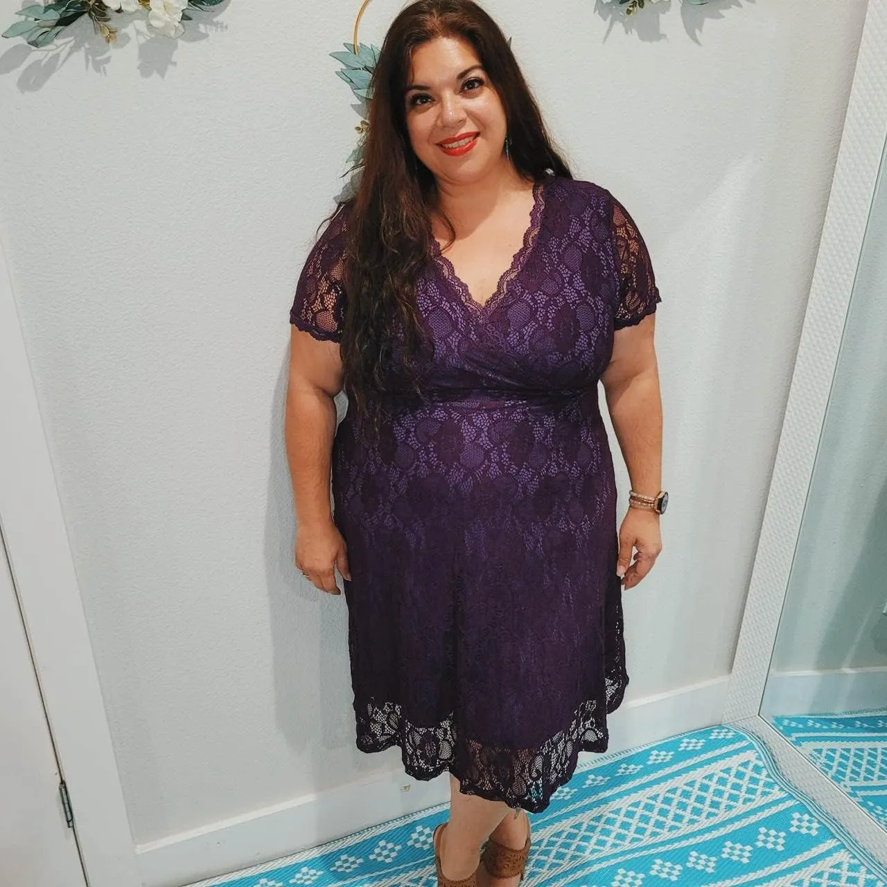 Women's Wedding Guest Plus Size Semi Formal Cocktail Lace Wrap V Neck Short Sleeve Knee Length Dress