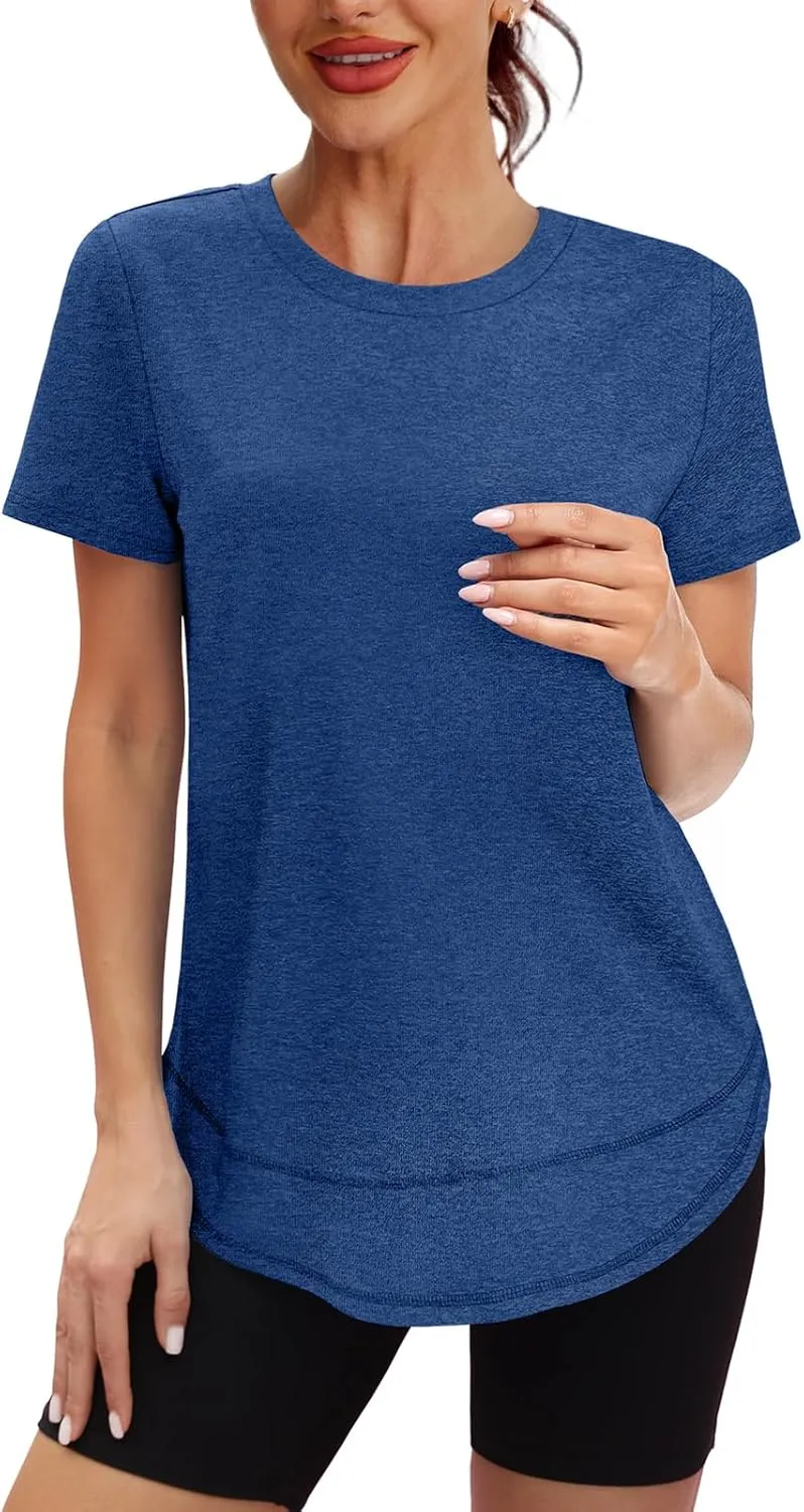 Womens Workout Tops Short Sleeve Shirts with Sun Protection Trendy Spring Summer Outfits S-3XL