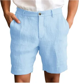 Xiaojmake Mens Linen Short Solid Summer Flat Front Casual Bermuda Shorts Button High Waisted Pleated Dress Short with Pockets