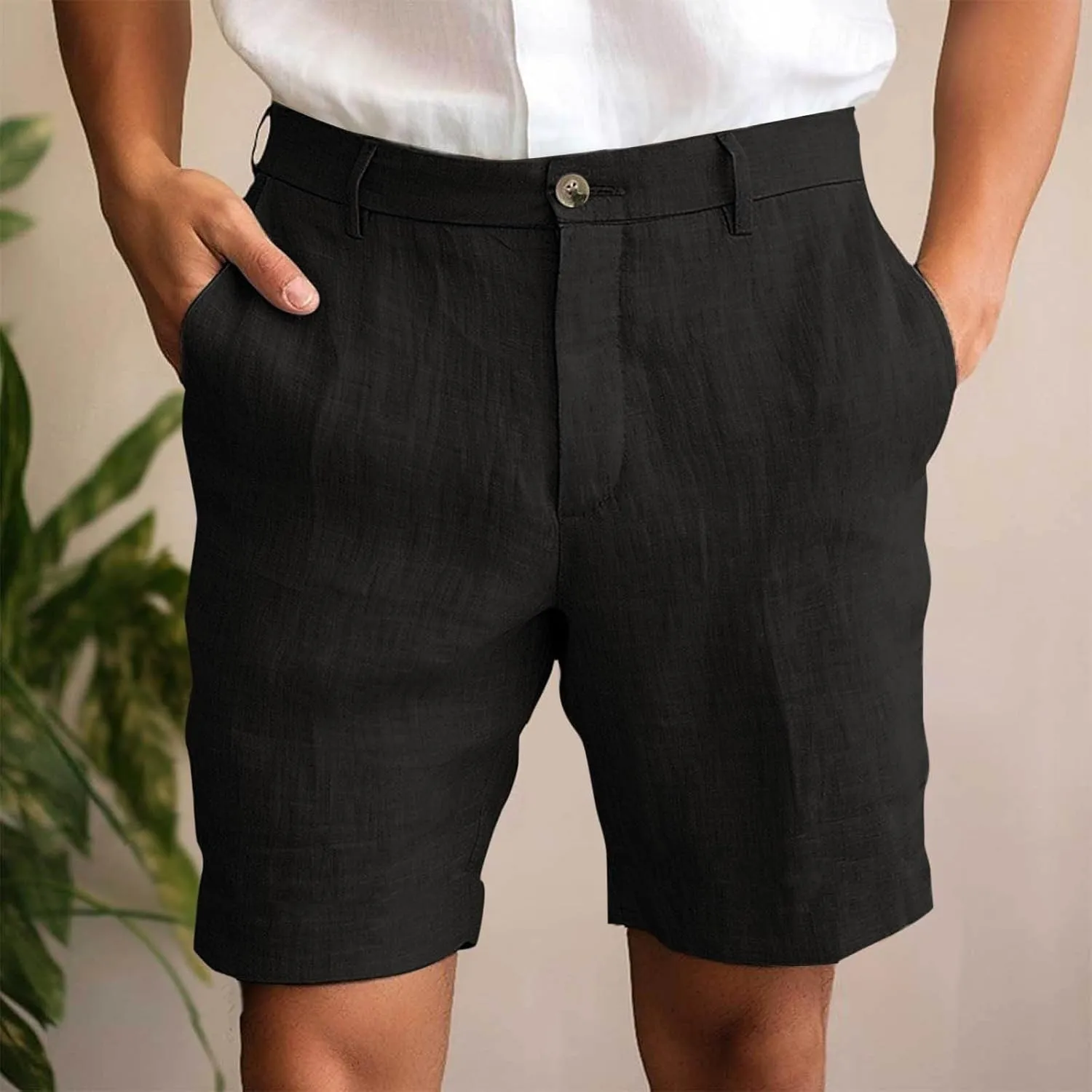 Xiaojmake Mens Linen Short Solid Summer Flat Front Casual Bermuda Shorts Button High Waisted Pleated Dress Short with Pockets
