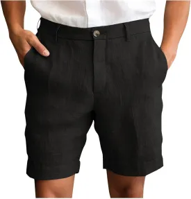 Xiaojmake Mens Linen Short Solid Summer Flat Front Casual Bermuda Shorts Button High Waisted Pleated Dress Short with Pockets