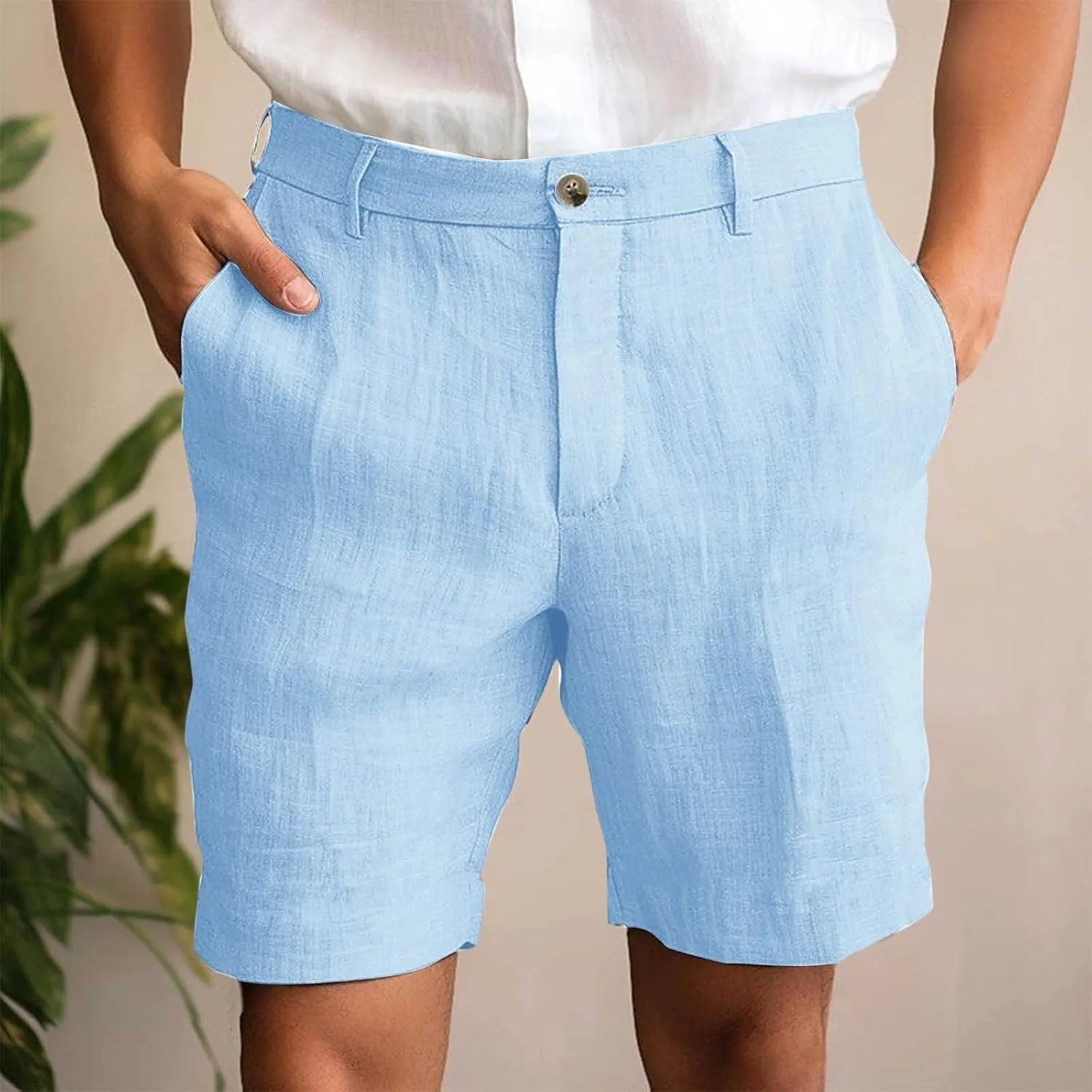 Xiaojmake Mens Linen Short Solid Summer Flat Front Casual Bermuda Shorts Button High Waisted Pleated Dress Short with Pockets