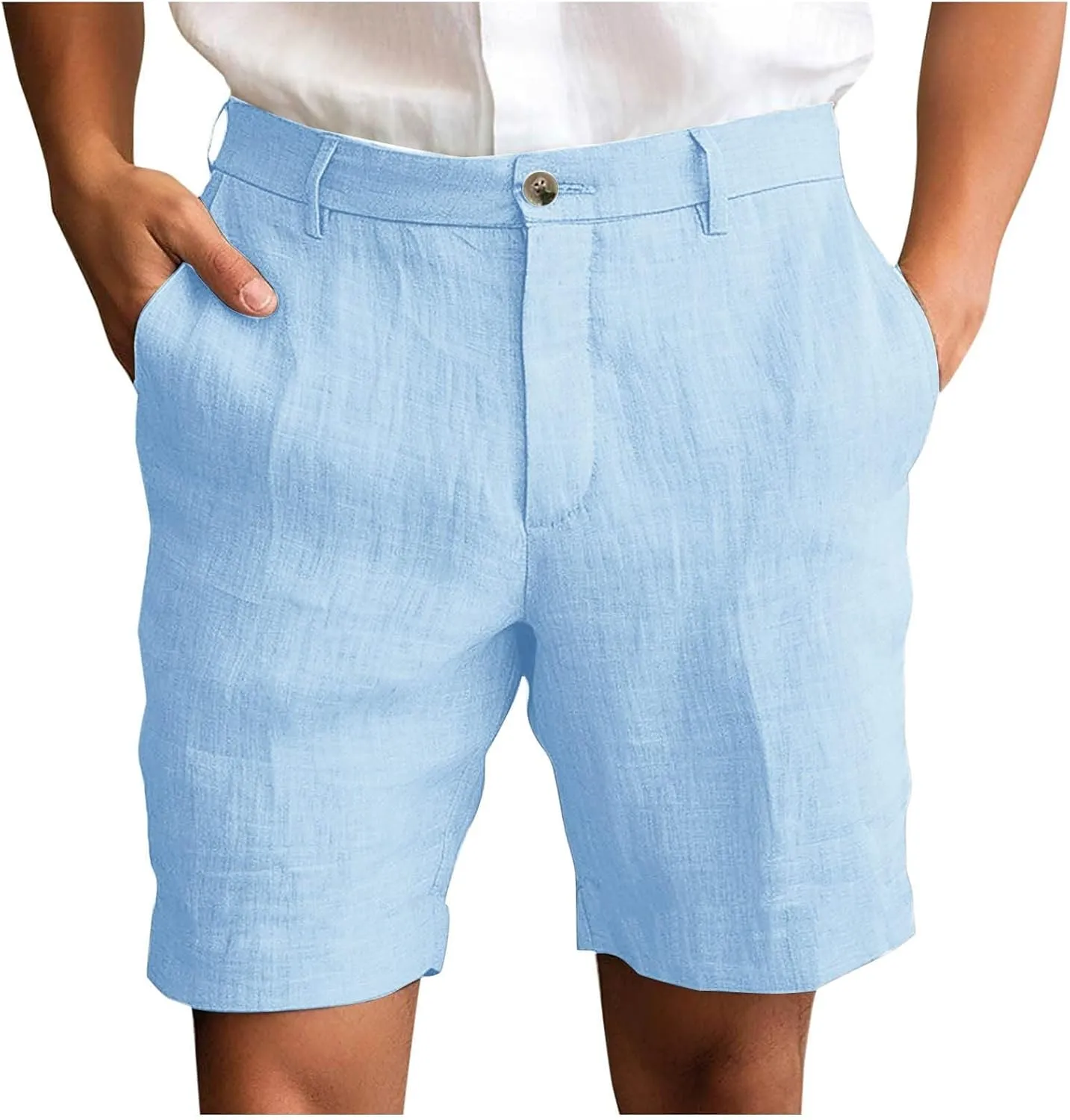Xiaojmake Mens Linen Short Solid Summer Flat Front Casual Bermuda Shorts Button High Waisted Pleated Dress Short with Pockets
