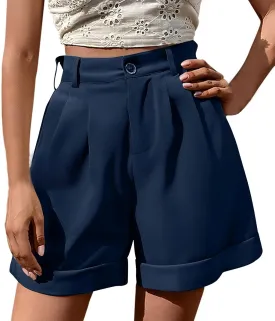 Xiaojmake Womens Summer Shorts Dressy Elastic Waist Wide Leg Suit Tailored Business Short Rolled Up Pleated Front Work Shorts