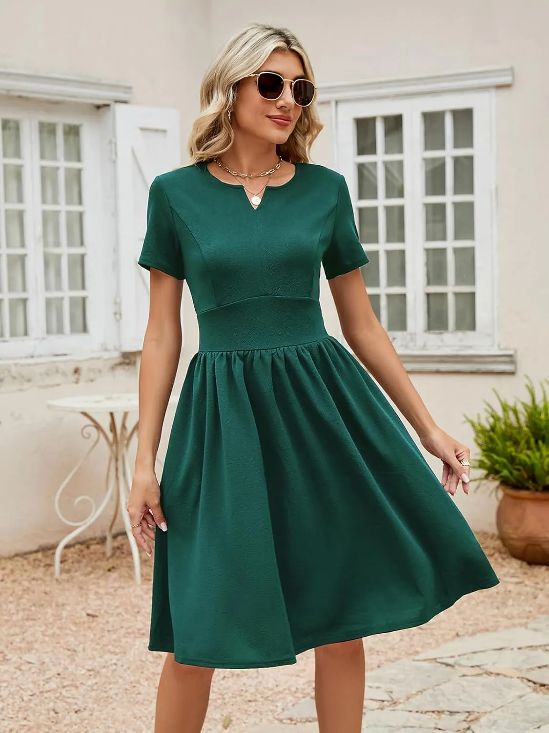 YATHON Women's Vintage Pleated Flared Swing A-Line Casual Party Work Dresses