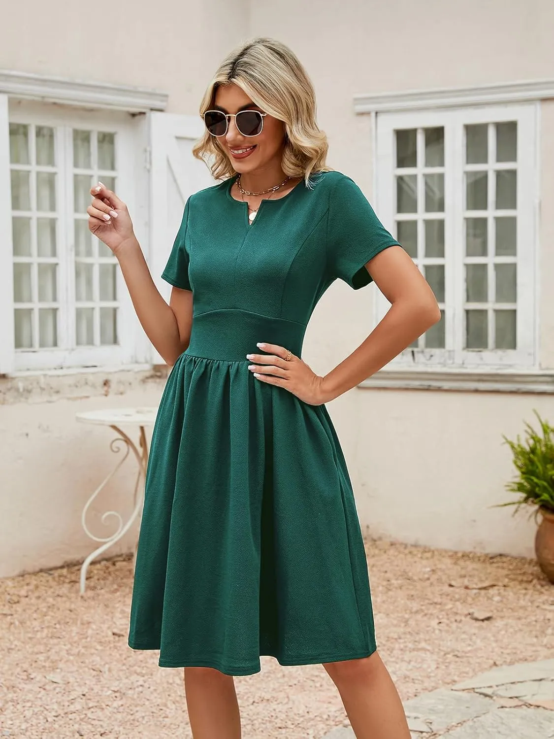 YATHON Women's Vintage Pleated Flared Swing A-Line Casual Party Work Dresses