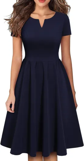 YATHON Women's Vintage Pleated Flared Swing A-Line Casual Party Work Dresses