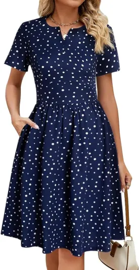 YATHON Women's Vintage Pleated Flared Swing A-Line Casual Party Work Dresses