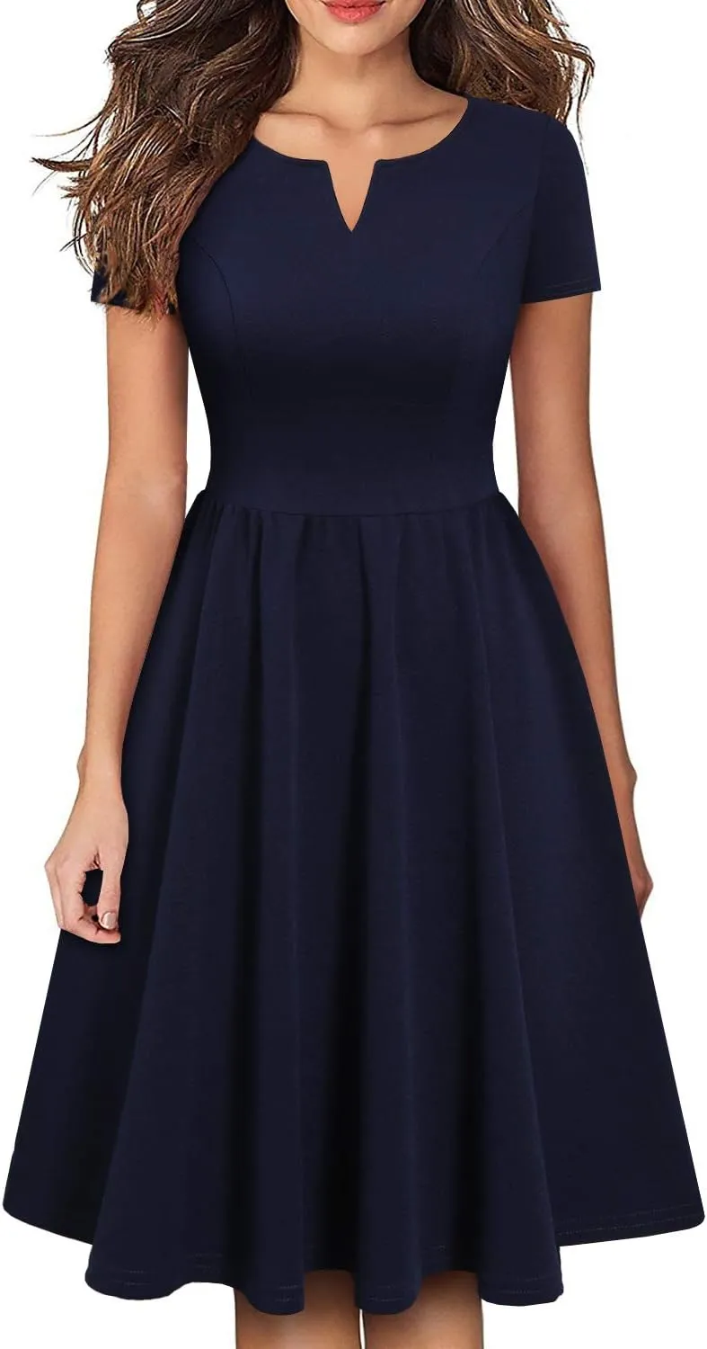 YATHON Women's Vintage Pleated Flared Swing A-Line Casual Party Work Dresses