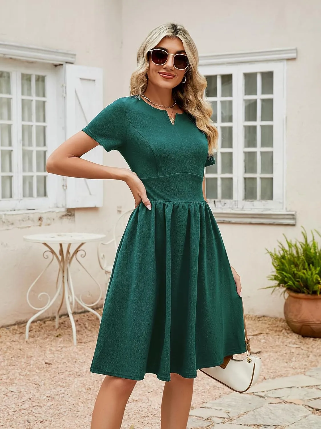 YATHON Women's Vintage Pleated Flared Swing A-Line Casual Party Work Dresses