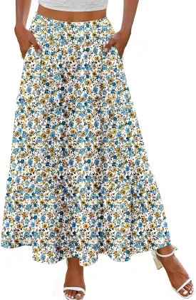Zeagoo Skirts for Women Summer Boho Casual Maxi Flowy Elastic High Waist A-Line Tiered Swing Floral Long Skirts with Pockets