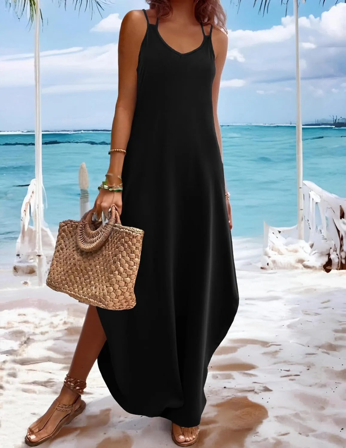 Zeagoo Women's Casual Sundress Summer Maxi Sleeveless V Neck Split Boho Beach Dress Travel Vacation Dress with Pockets