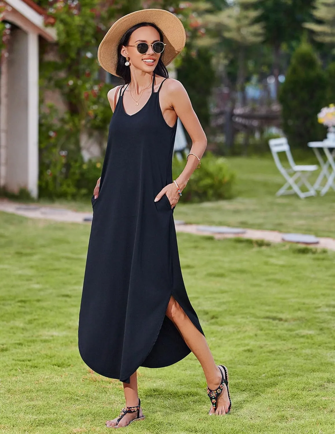 Zeagoo Women's Casual Sundress Summer Maxi Sleeveless V Neck Split Boho Beach Dress Travel Vacation Dress with Pockets