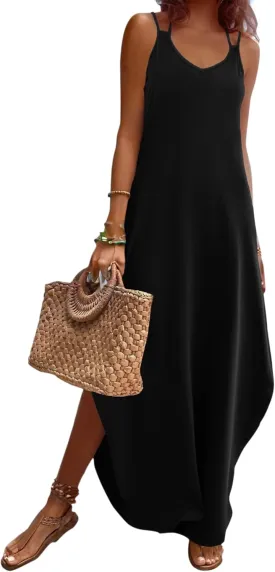 Zeagoo Women's Casual Sundress Summer Maxi Sleeveless V Neck Split Boho Beach Dress Travel Vacation Dress with Pockets
