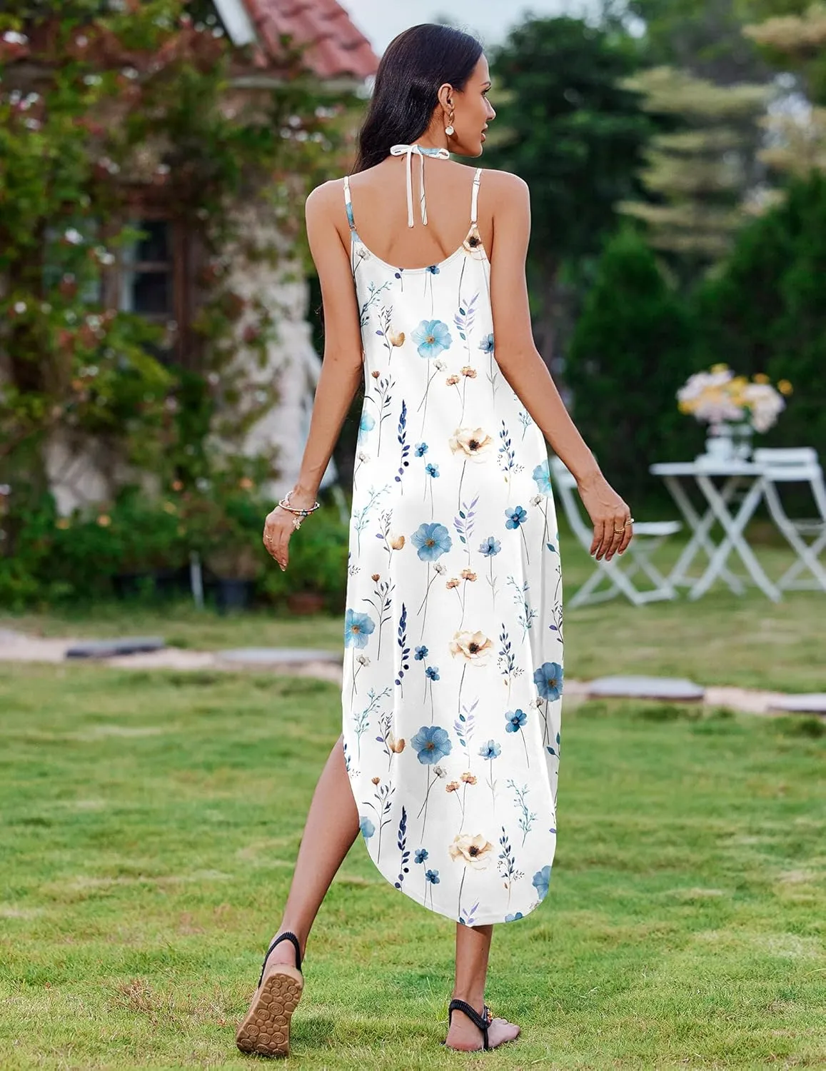 Zeagoo Women's Casual Sundress Summer Maxi Sleeveless V Neck Split Boho Beach Dress Travel Vacation Dress with Pockets