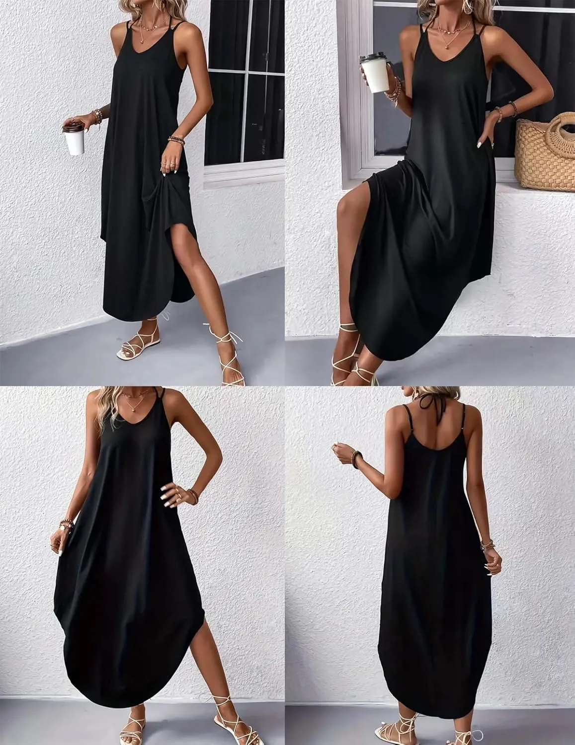 Zeagoo Women's Casual Sundress Summer Maxi Sleeveless V Neck Split Boho Beach Dress Travel Vacation Dress with Pockets