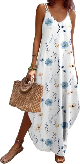 Zeagoo Women's Casual Sundress Summer Maxi Sleeveless V Neck Split Boho Beach Dress Travel Vacation Dress with Pockets