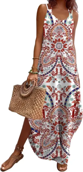 Zeagoo Women's Casual Sundress Summer Maxi Sleeveless V Neck Split Boho Beach Dress Travel Vacation Dress with Pockets
