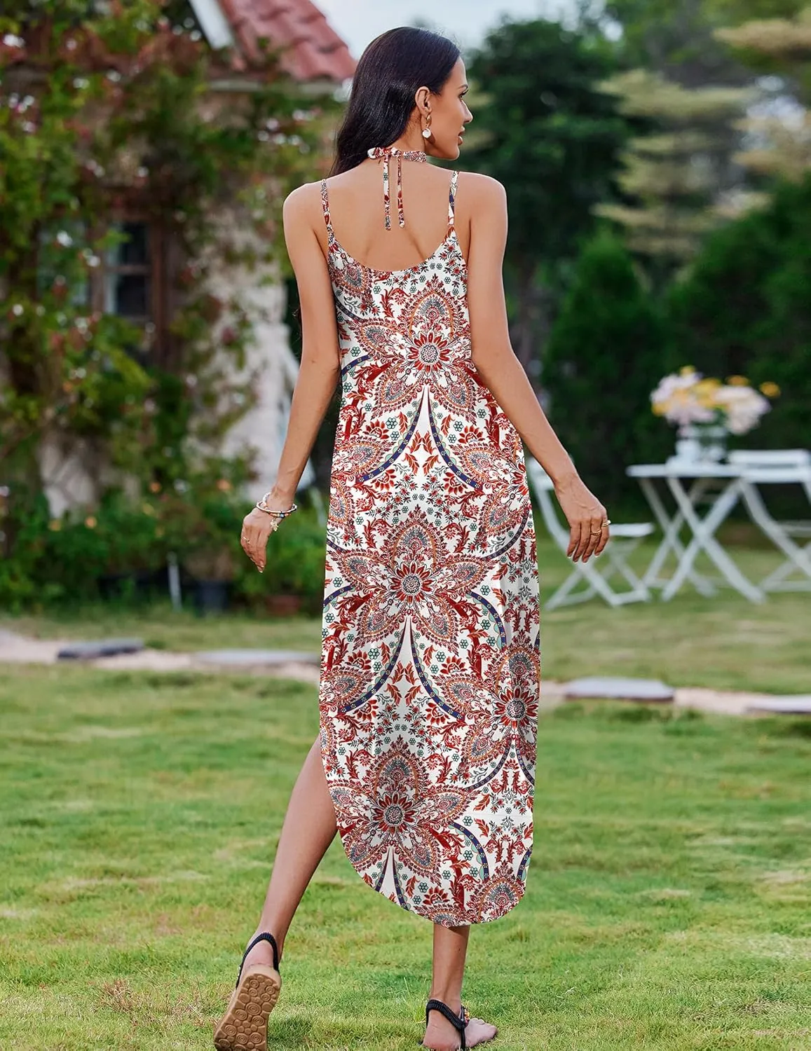 Zeagoo Women's Casual Sundress Summer Maxi Sleeveless V Neck Split Boho Beach Dress Travel Vacation Dress with Pockets