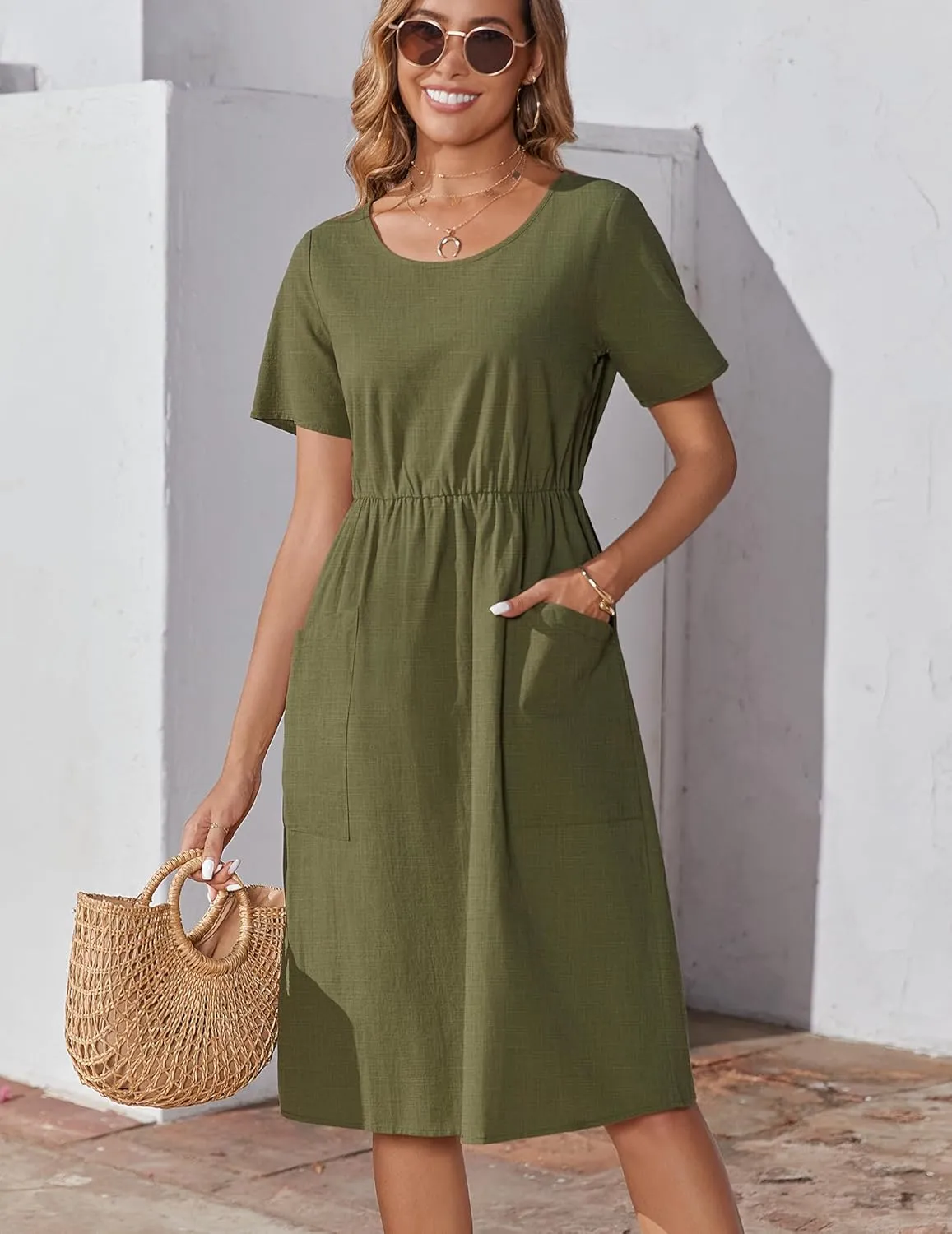 Zeagoo Womens Summer Midi Dress Casual Short Sleeve A-Line Cotton Linen Dress Flowly Beach Tunic Sundresses with Pockets 2025