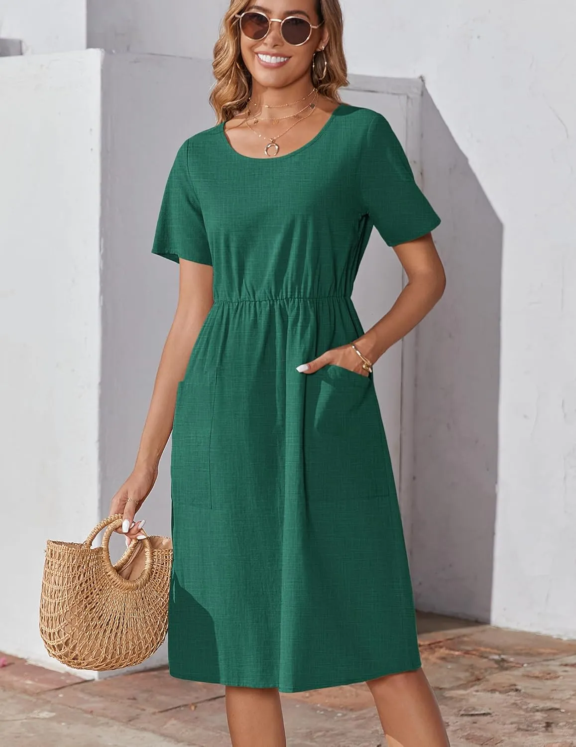 Zeagoo Womens Summer Midi Dress Casual Short Sleeve A-Line Cotton Linen Dress Flowly Beach Tunic Sundresses with Pockets 2025