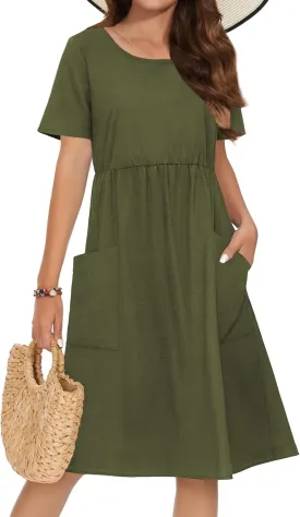 Zeagoo Womens Summer Midi Dress Casual Short Sleeve A-Line Cotton Linen Dress Flowly Beach Tunic Sundresses with Pockets 2025