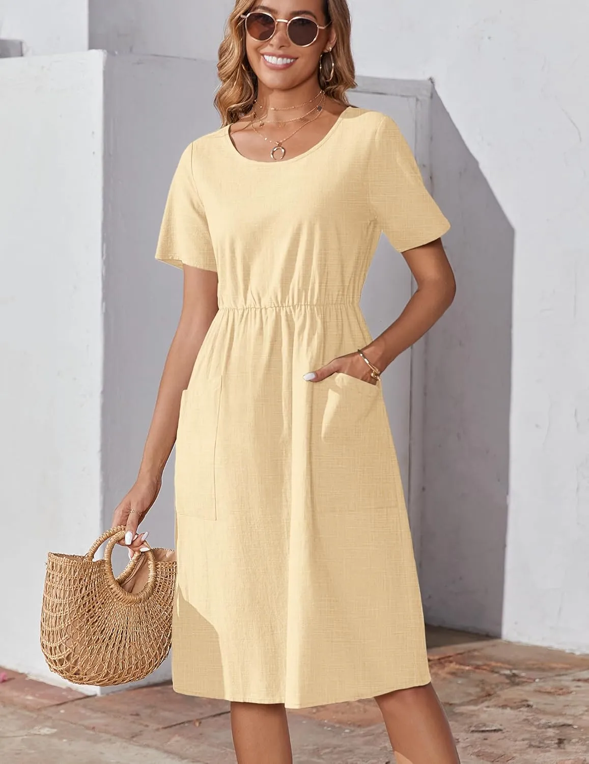 Zeagoo Womens Summer Midi Dress Casual Short Sleeve A-Line Cotton Linen Dress Flowly Beach Tunic Sundresses with Pockets 2025