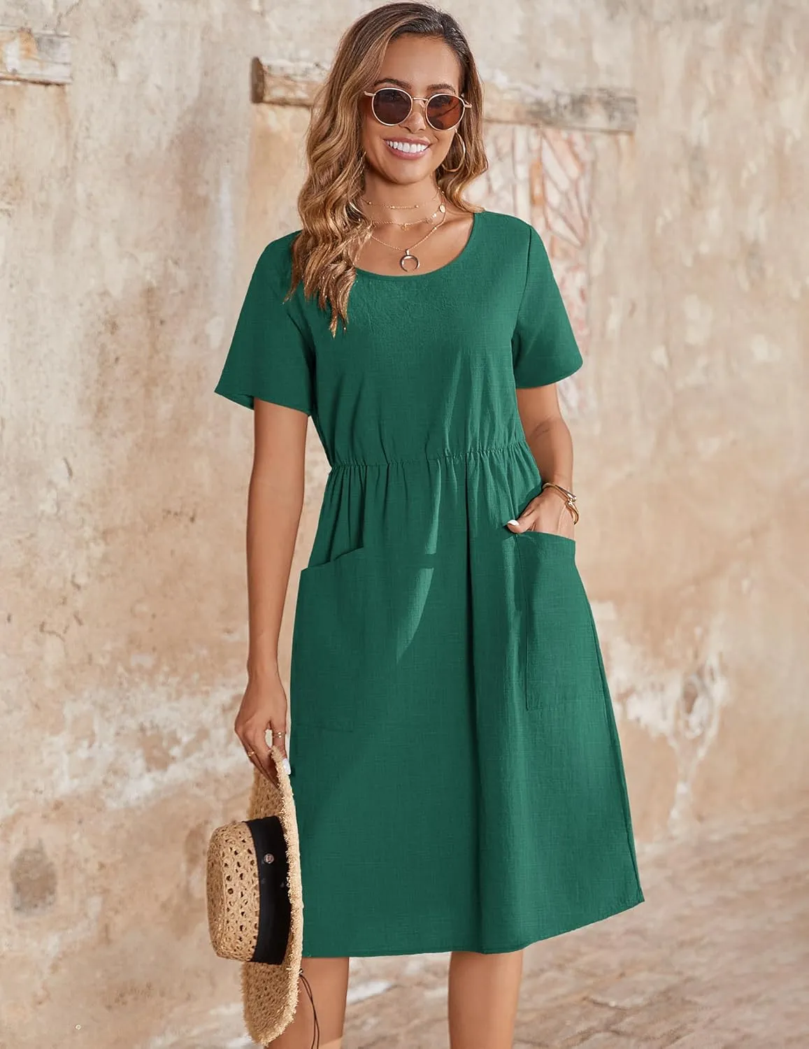 Zeagoo Womens Summer Midi Dress Casual Short Sleeve A-Line Cotton Linen Dress Flowly Beach Tunic Sundresses with Pockets 2025