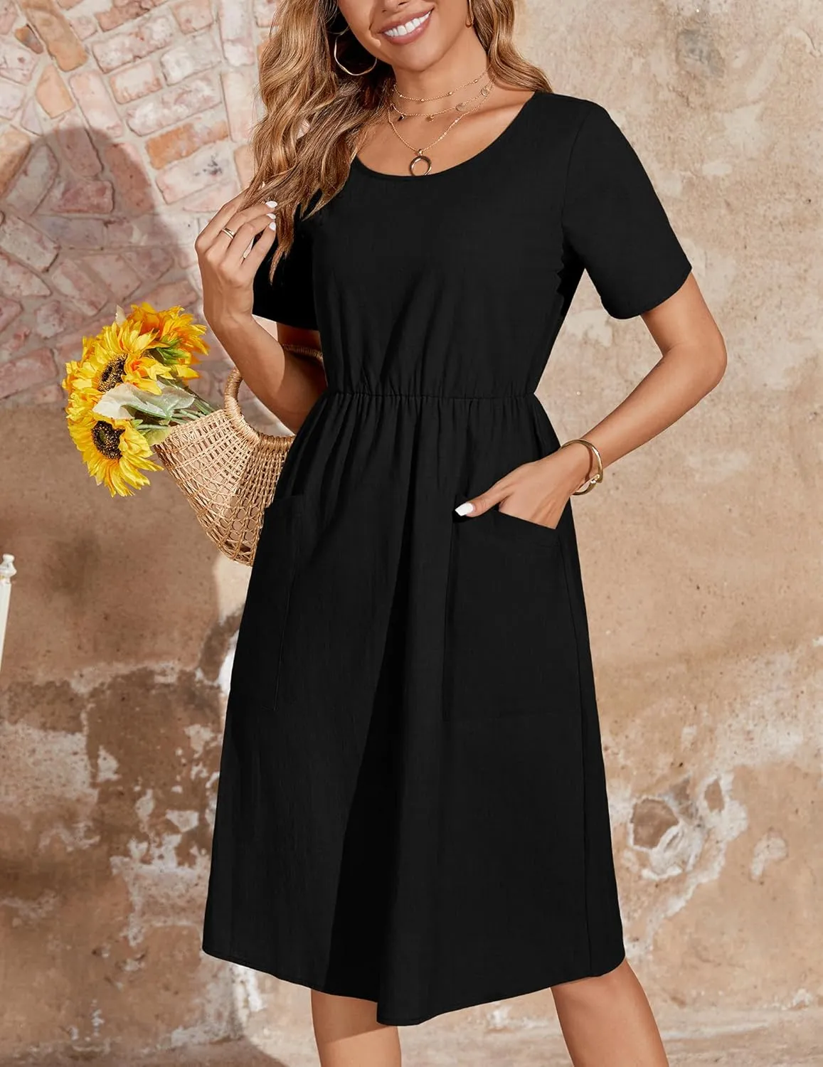 Zeagoo Womens Summer Midi Dress Casual Short Sleeve A-Line Cotton Linen Dress Flowly Beach Tunic Sundresses with Pockets 2025