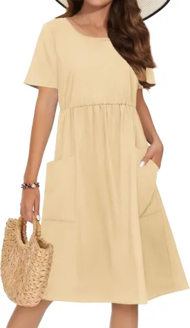 Zeagoo Womens Summer Midi Dress Casual Short Sleeve A-Line Cotton Linen Dress Flowly Beach Tunic Sundresses with Pockets 2025