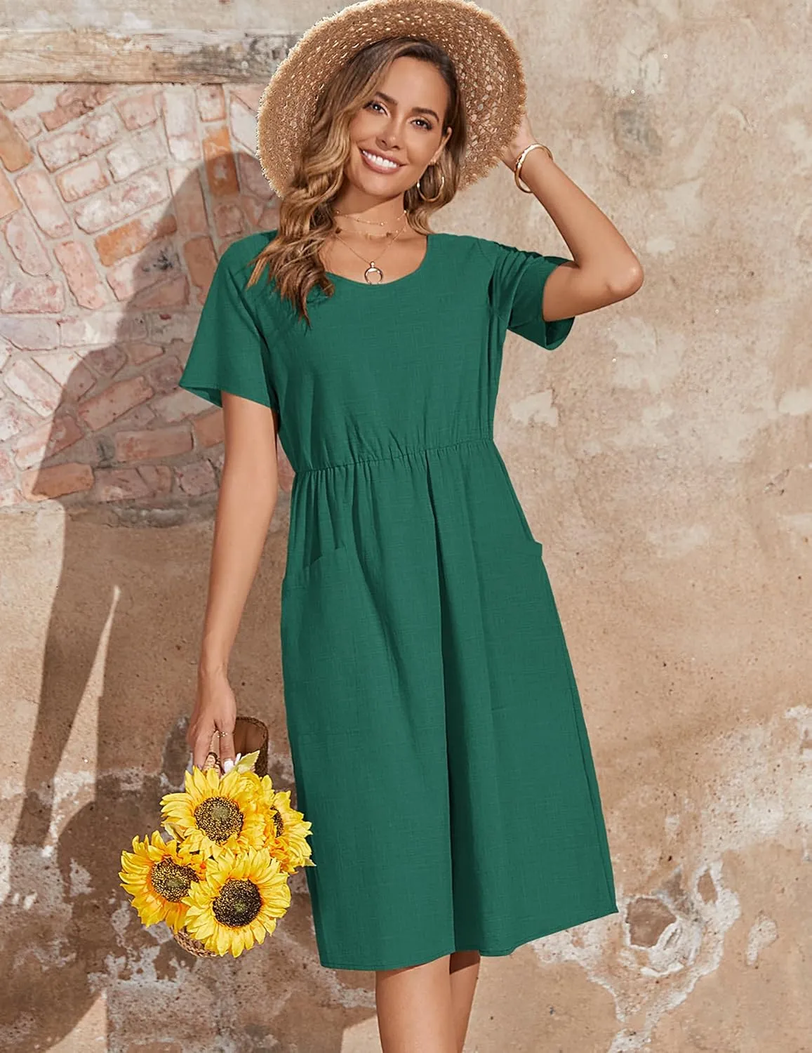 Zeagoo Womens Summer Midi Dress Casual Short Sleeve A-Line Cotton Linen Dress Flowly Beach Tunic Sundresses with Pockets 2025