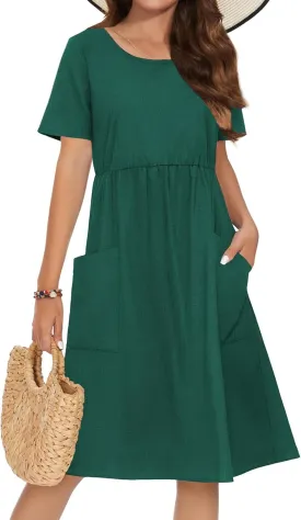 Zeagoo Womens Summer Midi Dress Casual Short Sleeve A-Line Cotton Linen Dress Flowly Beach Tunic Sundresses with Pockets 2025