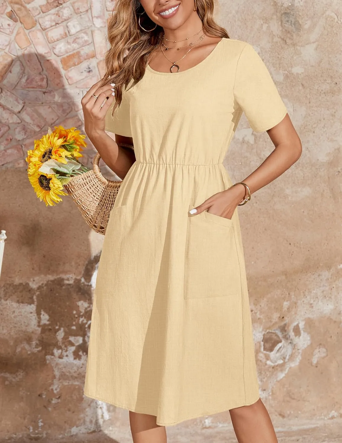Zeagoo Womens Summer Midi Dress Casual Short Sleeve A-Line Cotton Linen Dress Flowly Beach Tunic Sundresses with Pockets 2025
