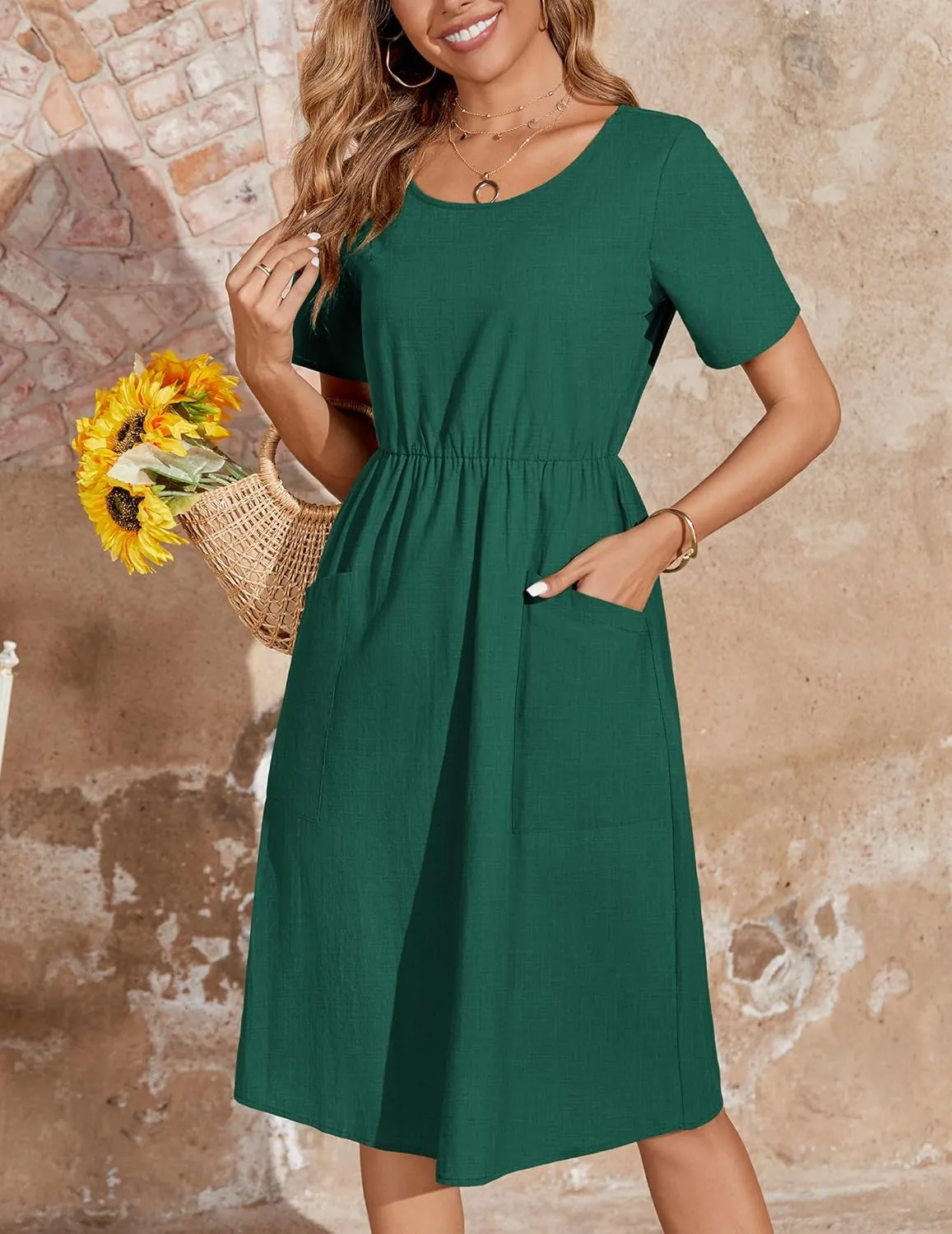 Zeagoo Womens Summer Midi Dress Casual Short Sleeve A-Line Cotton Linen Dress Flowly Beach Tunic Sundresses with Pockets 2025