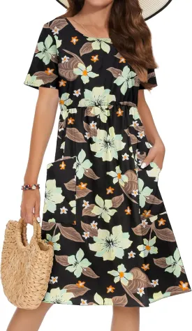 Zeagoo Womens Summer Midi Dress Casual Short Sleeve A-Line Cotton Linen Dress Flowly Beach Tunic Sundresses with Pockets 2025