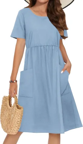 Zeagoo Womens Summer Midi Dress Casual Short Sleeve A-Line Cotton Linen Dress Flowly Beach Tunic Sundresses with Pockets 2025