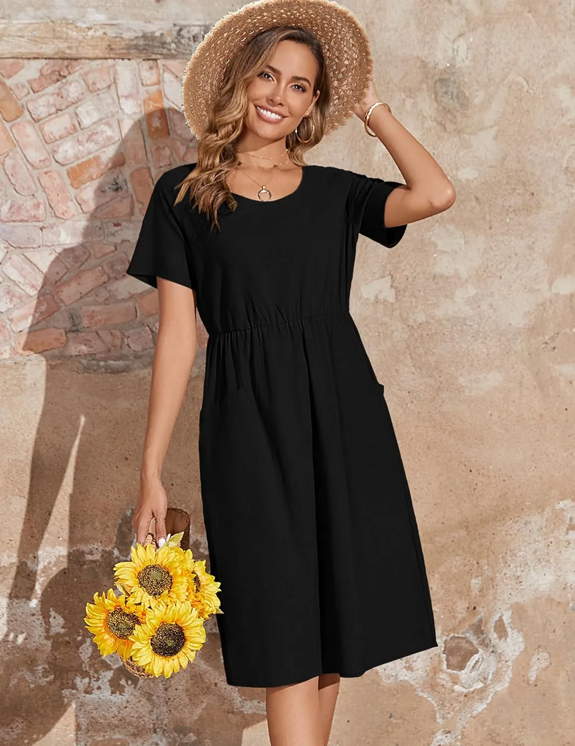 Zeagoo Womens Summer Midi Dress Casual Short Sleeve A-Line Cotton Linen Dress Flowly Beach Tunic Sundresses with Pockets 2025