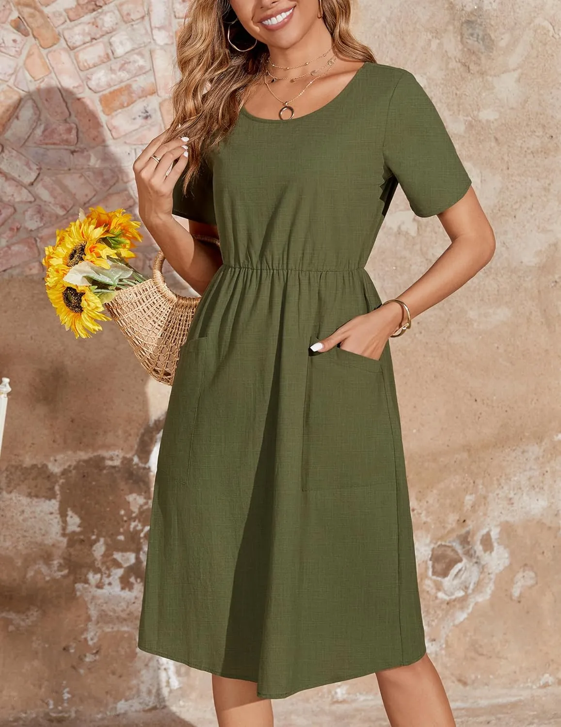 Zeagoo Womens Summer Midi Dress Casual Short Sleeve A-Line Cotton Linen Dress Flowly Beach Tunic Sundresses with Pockets 2025