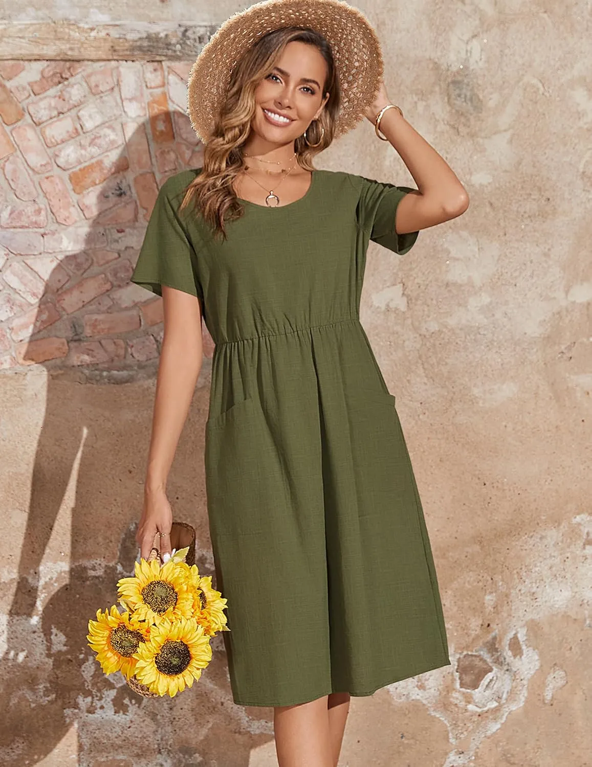 Zeagoo Womens Summer Midi Dress Casual Short Sleeve A-Line Cotton Linen Dress Flowly Beach Tunic Sundresses with Pockets 2025
