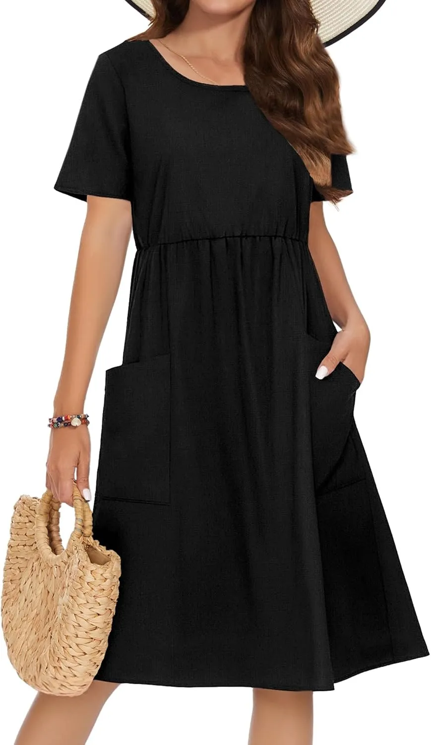 Zeagoo Womens Summer Midi Dress Casual Short Sleeve A-Line Cotton Linen Dress Flowly Beach Tunic Sundresses with Pockets 2025