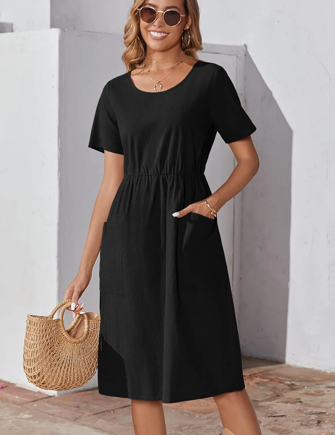 Zeagoo Womens Summer Midi Dress Casual Short Sleeve A-Line Cotton Linen Dress Flowly Beach Tunic Sundresses with Pockets 2025