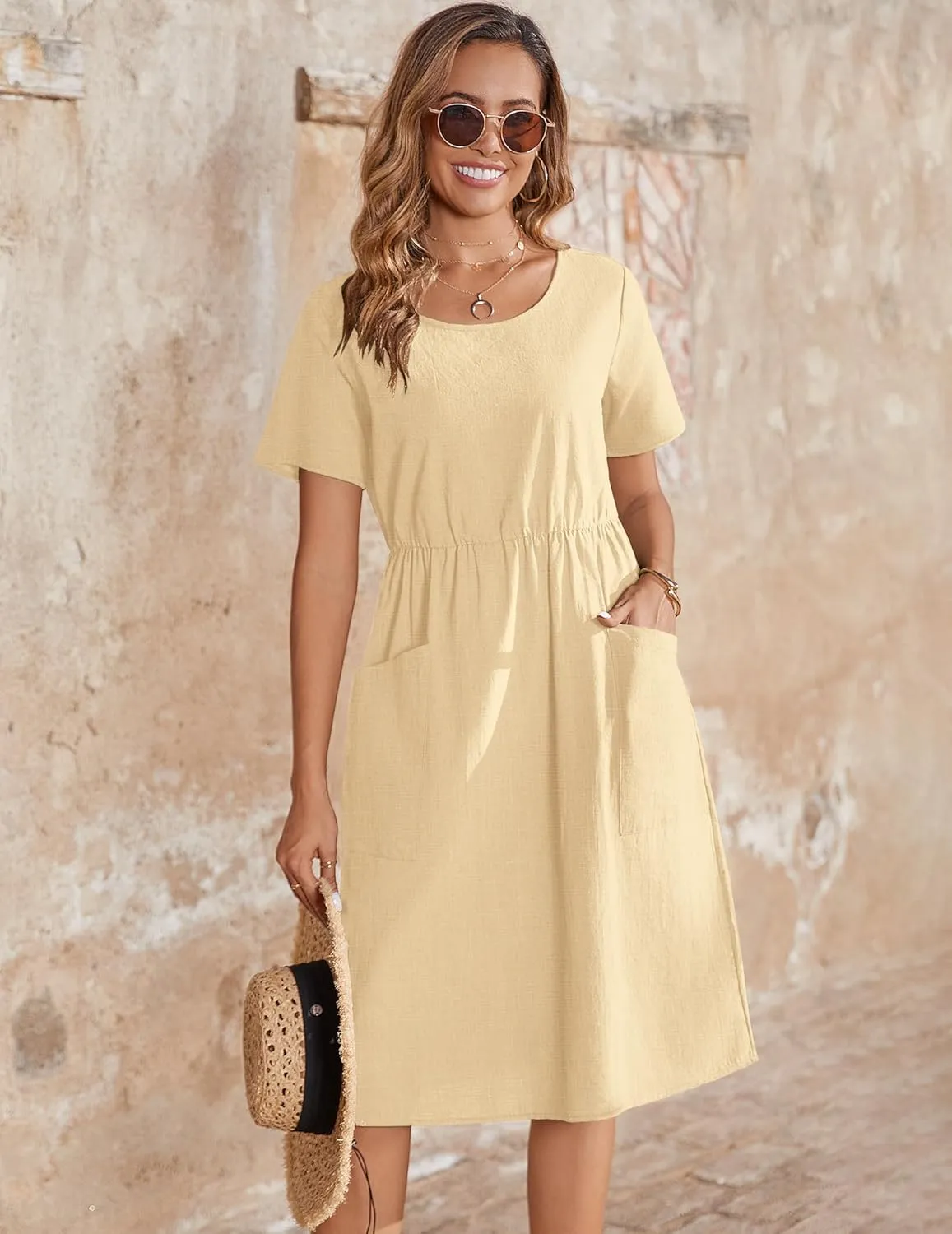 Zeagoo Womens Summer Midi Dress Casual Short Sleeve A-Line Cotton Linen Dress Flowly Beach Tunic Sundresses with Pockets 2025