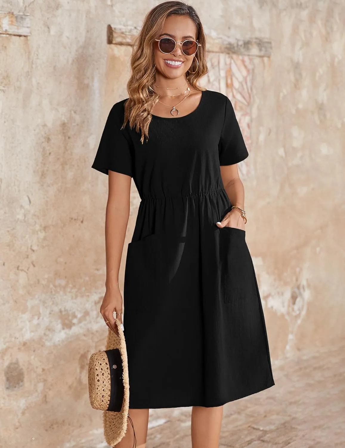 Zeagoo Womens Summer Midi Dress Casual Short Sleeve A-Line Cotton Linen Dress Flowly Beach Tunic Sundresses with Pockets 2025