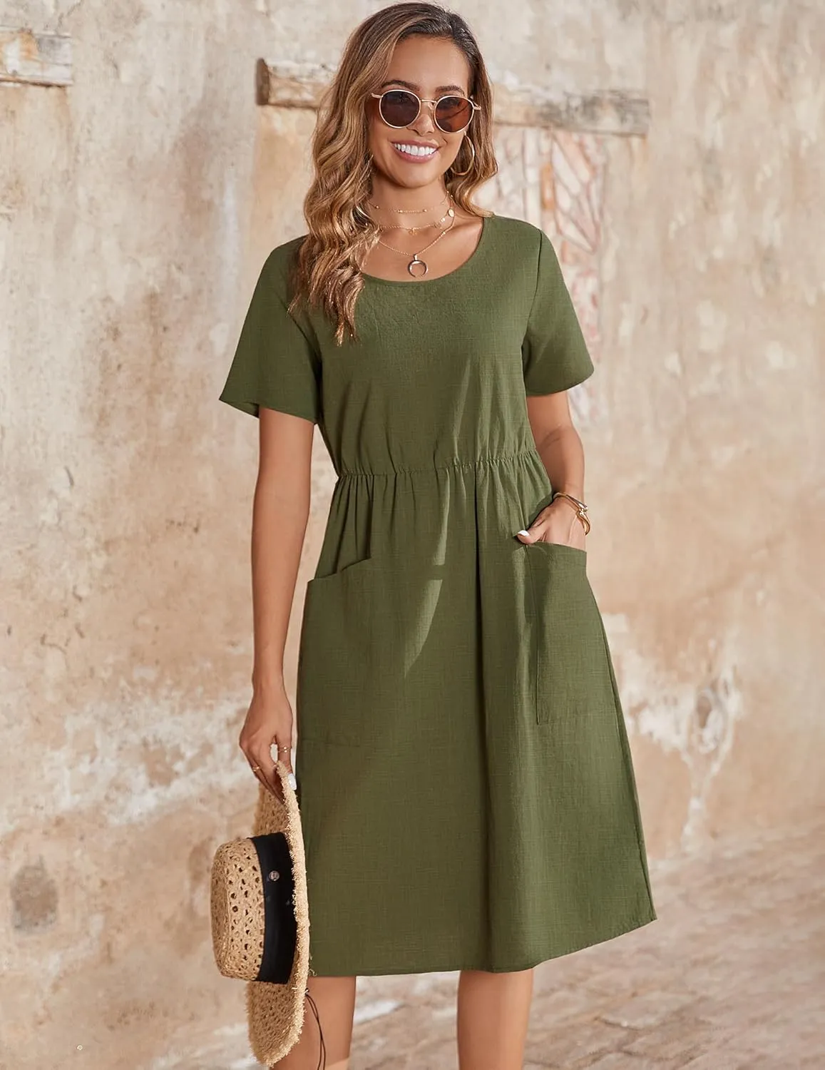 Zeagoo Womens Summer Midi Dress Casual Short Sleeve A-Line Cotton Linen Dress Flowly Beach Tunic Sundresses with Pockets 2025