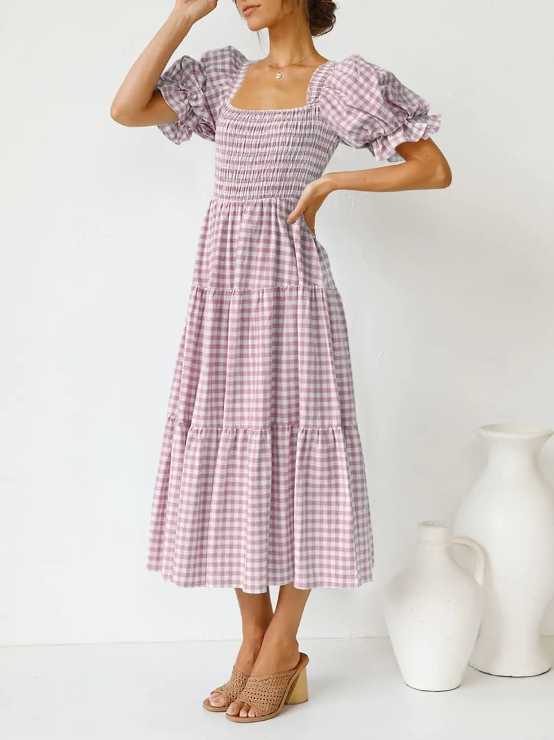 ZESICA Women's 2025 Bohemian Summer Plaid Square Neck Puff Sleeve Ruffle Flowy Beach Midi Dress